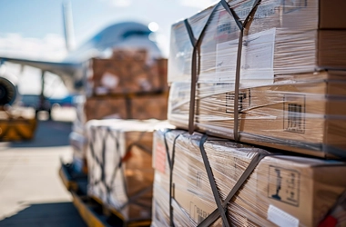 Vista de unas cajas con embalaje y detrás de ellas un avión de carga